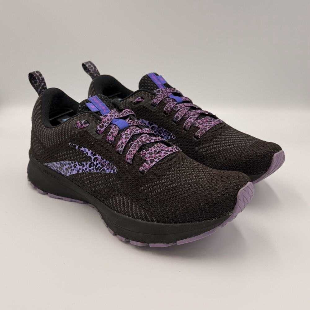 Brooks Women's Revel 5 Running Shoes Black/Purple Leopard Print Size US 7.5